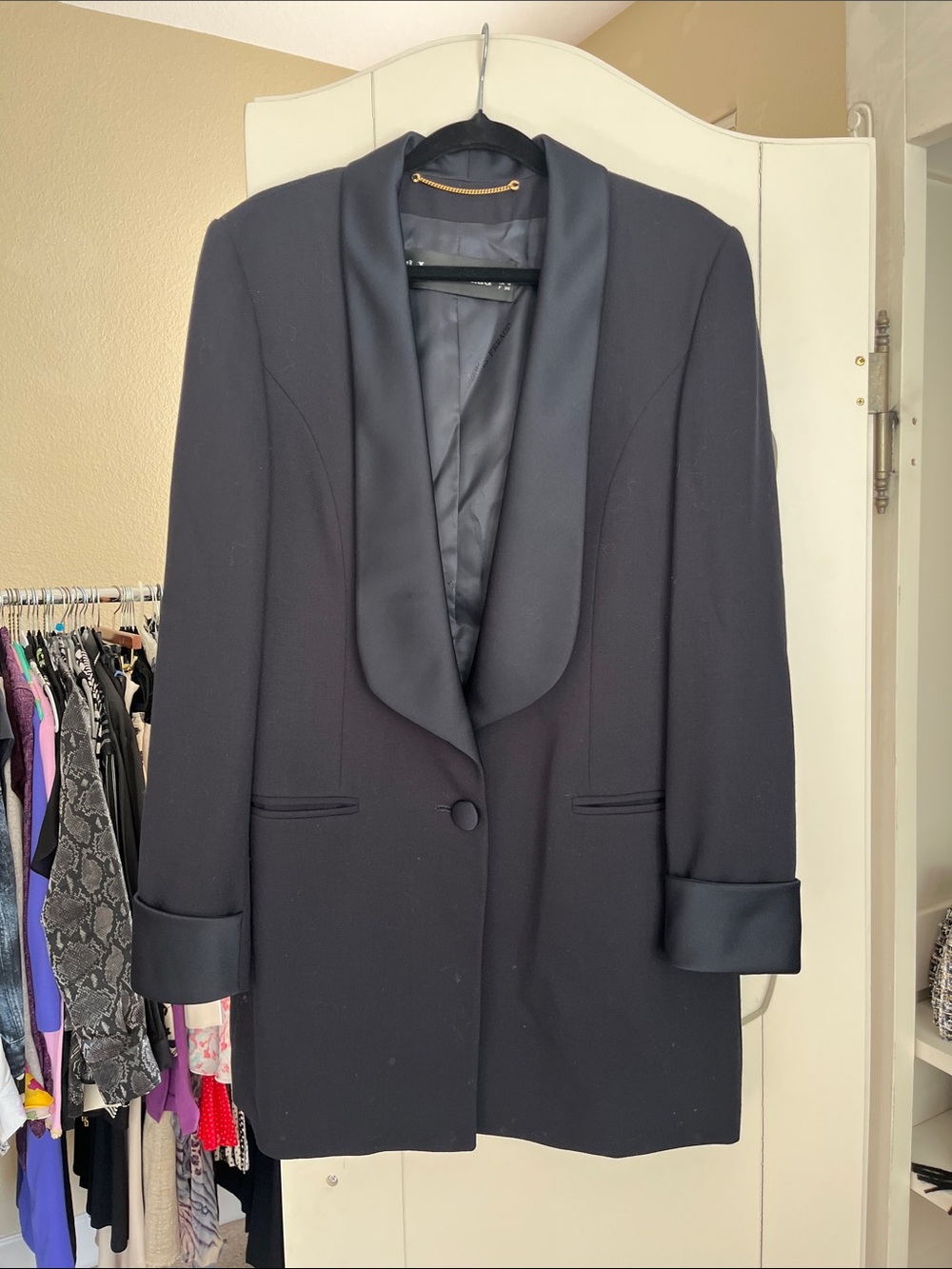 Louis Feraud Black Satin-Trim Long Blazer Jacket